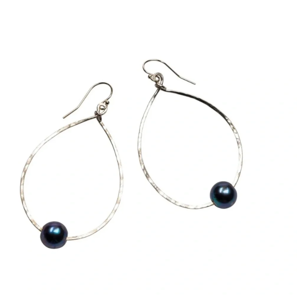 *SOLD* Made in Hawaii Sterling Silver DARK PEARL HARBOR TEARDROP EARRINGS - Picture 1 of 1